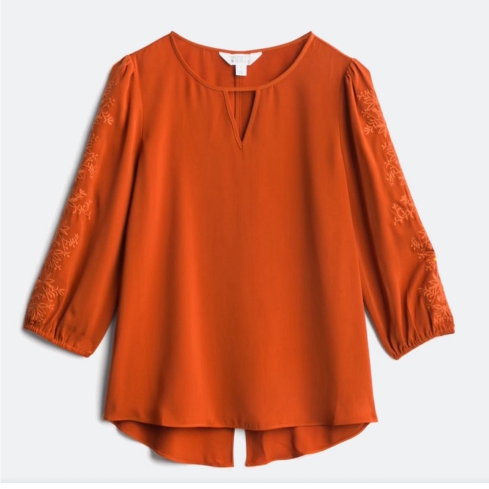 EUC Market and Spruce Embroidered Sleeve Rust Orange Blouse Medium Stitch Fix